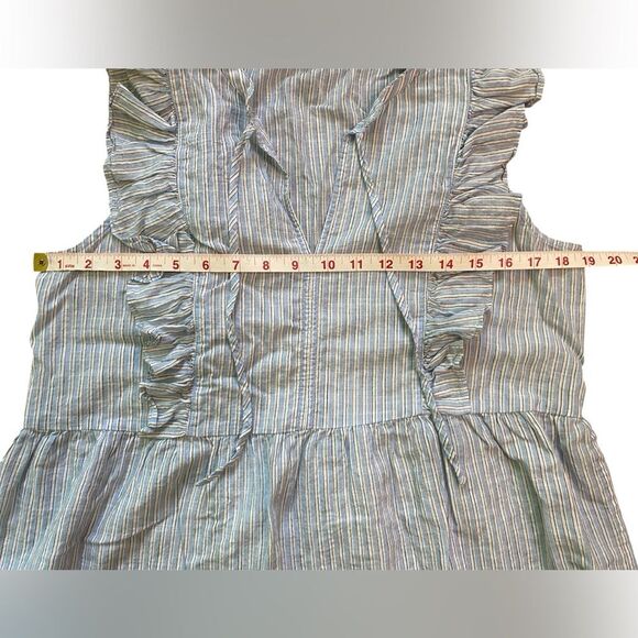 LOFT Blue and White Striped Cotton Ruffle Shoulder Tie Neck Peplum Blouse - Picture 6 of 10